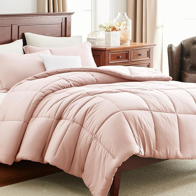 CozyLux Full Size Comforter Sets - 270GSM Blush Pink Bedding Sets for All Seasons, 3 Pieces Box Stitched Bed Set with 1 Down Alternative Comforter and 2 Pillow Shams, Soft, Lightweight, Breathable