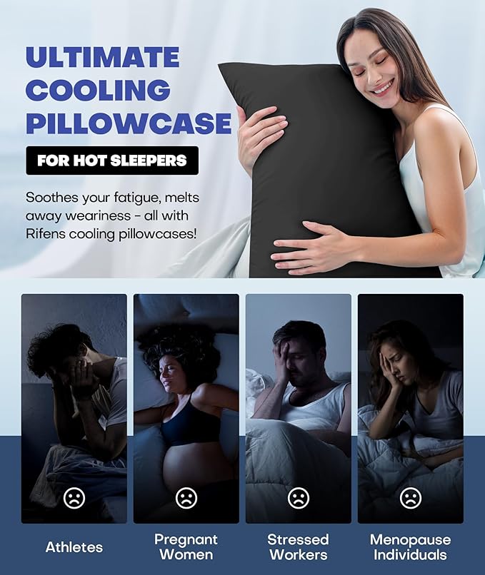 Ice Cooling Pillowcase for Hot Sleepers, Instantly Cool, Stays Cold All Night, Softer Than Silk Pillow Cases, Pillow Covers with Invisible Zipper, Gift for Men & Women - Standard Size, Black (1 Pack)