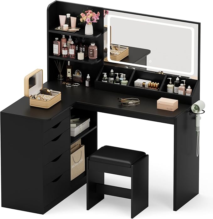 Furmax Vanity Desk with Mirror, L Shape Vanity, LED Lighted Mirror, with Power Outlet and 3 Storage Shelves, Makeup Table with 5 Drawers, 3 Color Modes, for Bedroom(Black)