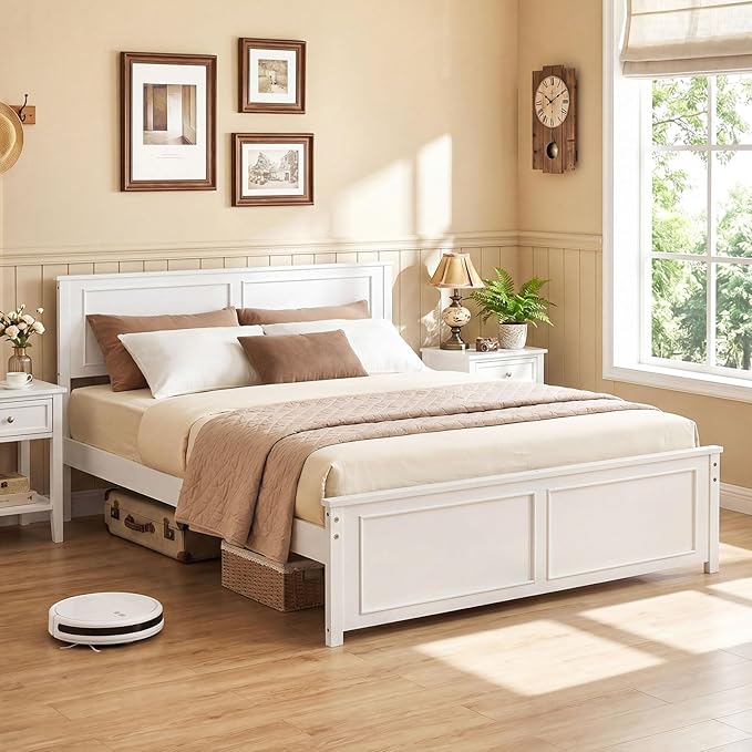 Giantex Wood Queen Size Bed Frame with Headboard, Farmhouse Solid Platform Bed w/Wooden Slat Support Mattress Foundation, Under-Bed Storage, No Box Spring Needed, White
