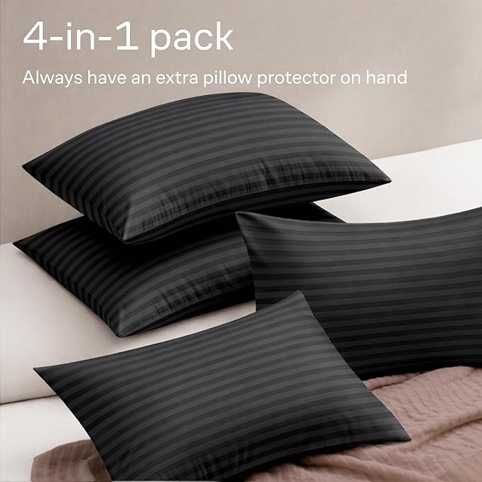 Ultra Soft Pillow Protectors with Zipper King Size - Set of 4 Breathable Pillow Covers - 100% Protection Against Stains, Dust & Dirt - Machine Washable (Striped Black)
