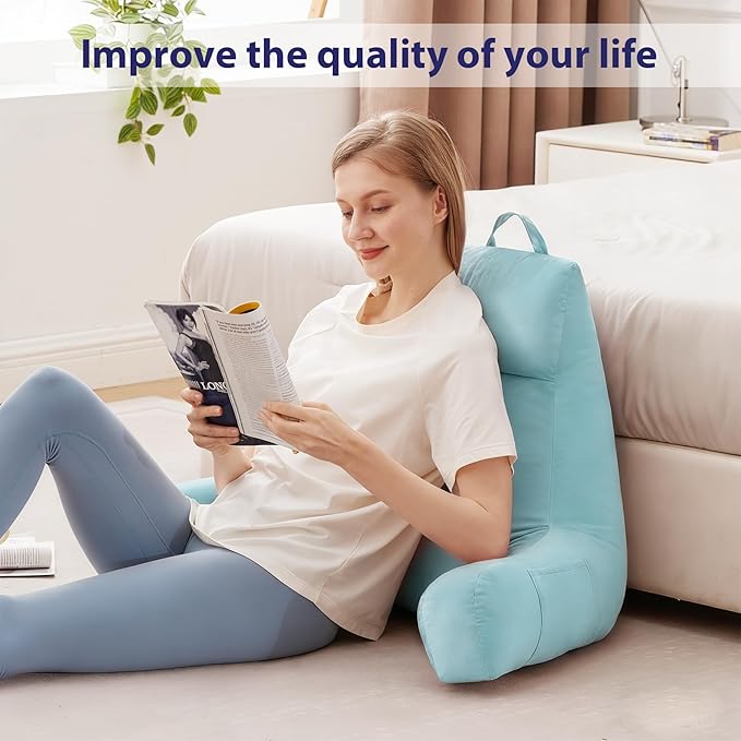 IPYNBAP Back Pillow for Bed Sitting up, Reading Pillow for Sitting in Bed Adult, Back Support Pillow, Memory Foam Sit up Lounge Backrest Pillow with Arms for TV, Couch, Chair, Dorm, 24 Inch, Lake Blue