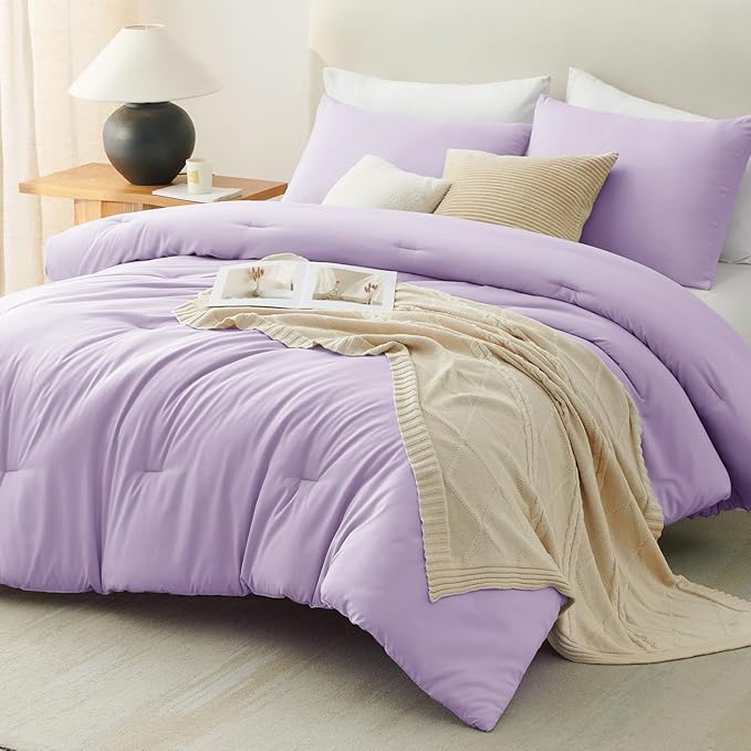 CozyLux Oversized King Comforter Set Lavender, 3 Pieces 120x98 Solid Breathable Bedding Sets All Seasons, Light Purple Luxury Soft Lightweight Bed Set with Down Alternative Comforter and 2 Pillowcases