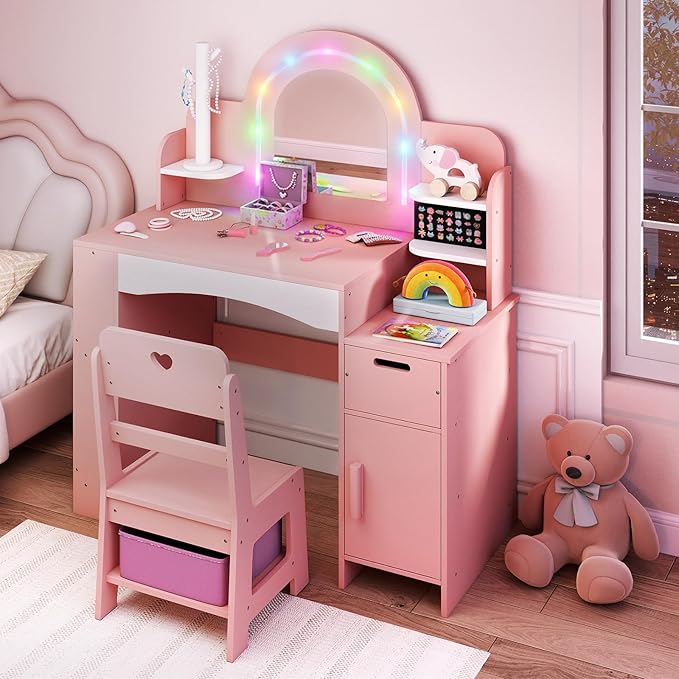 INFANS Kids Vanity with Lights, Princess Makeup Desk with Mirror, Jewelry Hanger, Fabric Drawers, Toddler Table and Chair Set Pretend Play for Girls