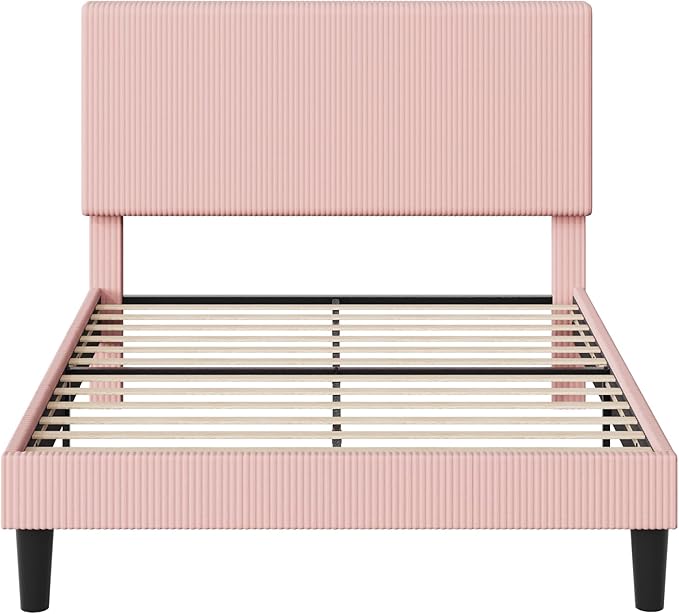 Allewie Full Size Upholstered Bed Frame with Vertical Channel Tufted Headboard, Soft Corduroy Fabric Platform Bed, Strong Wooden Slats Support, Easy Assembly, No Box Spring Needed, Light Pink