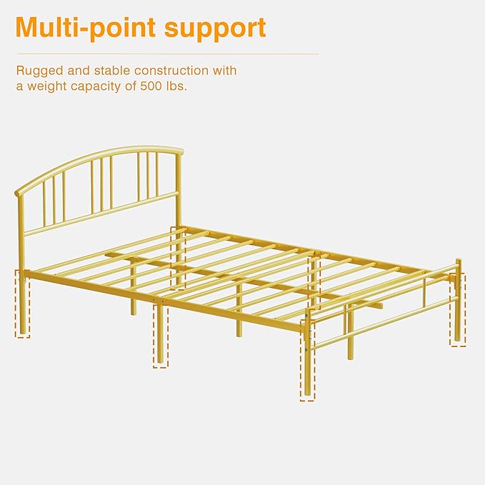 VECELO 14 inch Full Bed Frame Gold Beds Metal Platform Mattress Foundation with headboard Footboard Steel Slat Support/No Box Spring Needed/Easy Assembly