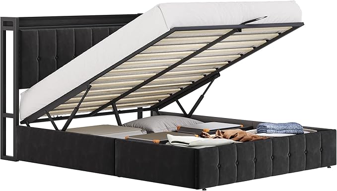 Garvee Full Size Lift Up Storage Bed, Upholstered Velvet Bed Frame with Storage Headboard, Metal Platform Bed, No Box Spring Needed, Solid Wooden Slats, Noise Free, Black