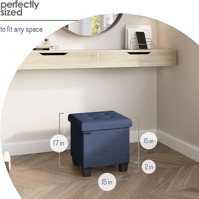 Storage Ottoman Cube with Small Bin, 15-in Square Ottoman with Storage for Living Room and Bedroom, Small Ottomans Foot Rest, Fabric Foot Stools Ottomans Max 330lbs, Blue