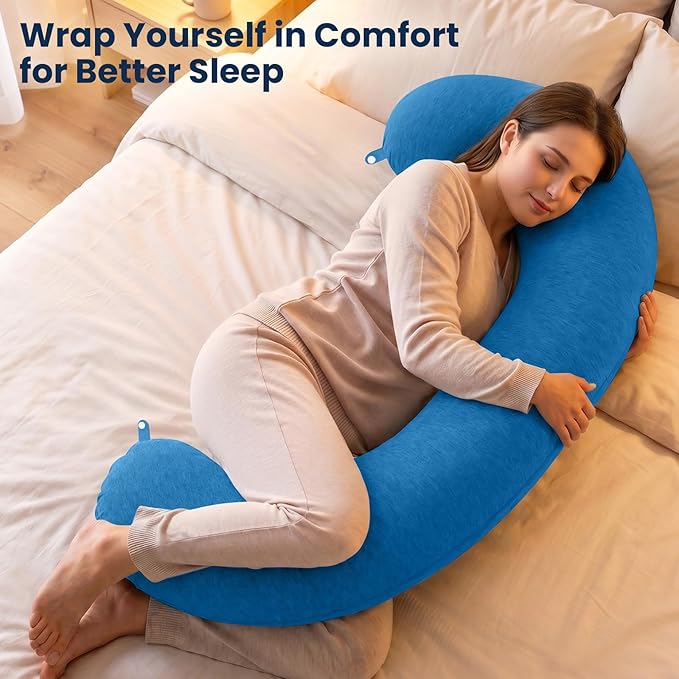 TranquilRelax C Shaped Body Pillow for Side Sleepers, Memory Foam Long Pillow for Leg, Hip & Back Support, Soft Washable Cover,Light Blue-35"*10"