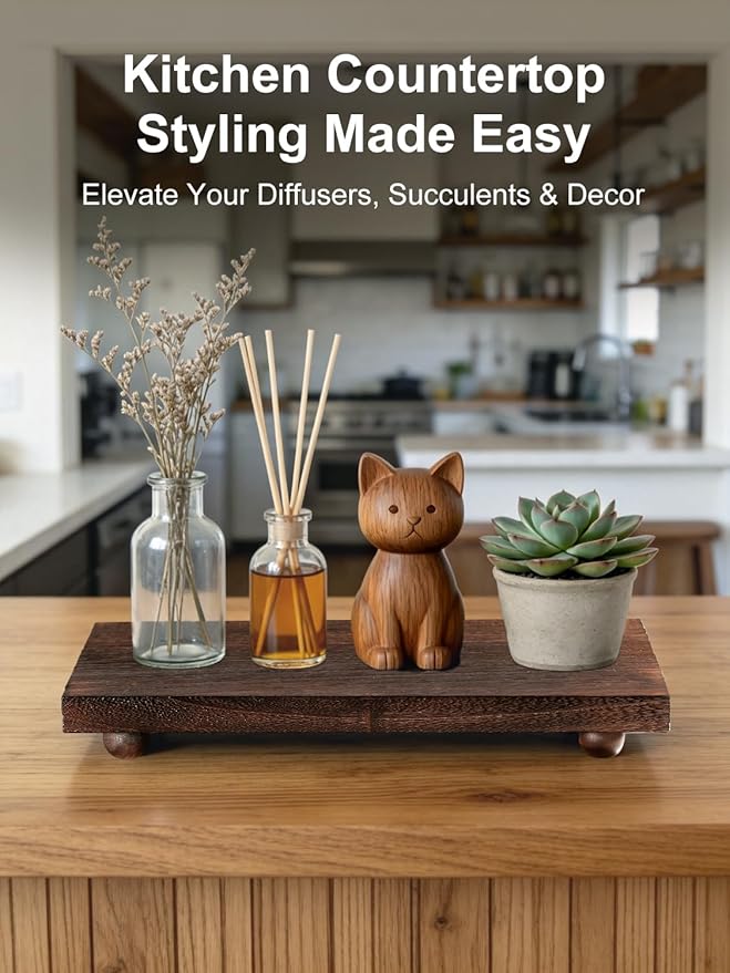 Wood Pedestal Stand 12 x 7 Inch, Farmhouse Wooden Riser for Kitchen Bathroom Counter Table Decor, Candle Tray, Plant Stand, Soap Display for Sink, Vanity, Coffee Bar, Brown