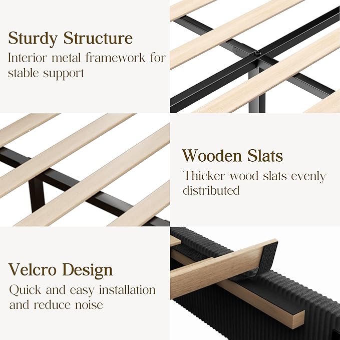 Queen Size Bed Frame, Upholstered Platform Bed with Adjustable Headboard, Vertical Fluted Tufted, Soft Corduroy Fabric, Wooden Slats Support, No Box Spring Needed, Easy Assembly, Black