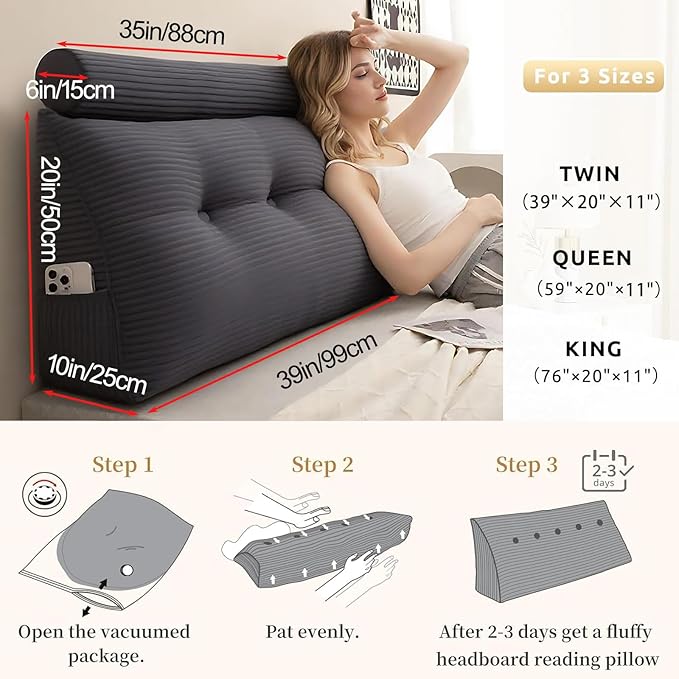 Headboard Pillow Twin, Large Triangular Wedge Cushion with Neck Roll Pillow for Reading Sitting Working, Backrest Positioning Support Bodypillow with Removable Washable Cover for Bed Dorm Sofa