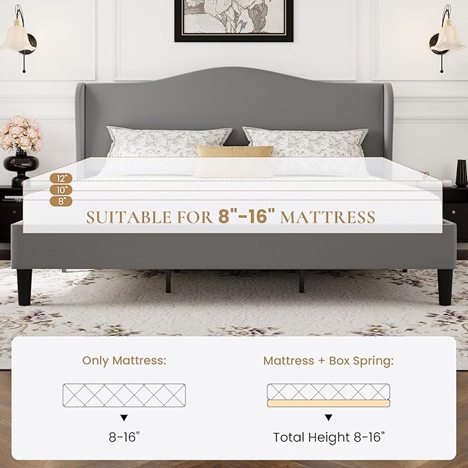 SHA CERLIN King Size Velvet Platform Bed Frame with Elegant Wingback Headboard, Modern & Luxurious Design, Sturdy Wooden Slats, No Box Spring Required, Easy Assembly, Noise-Free, Soft Grey