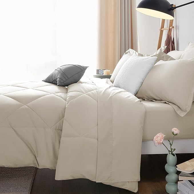 CozyLux Full Size Comforter Sets Oatmeal - 7 Pieces Bed in a Bag Full, Luxury Soft Bed Set for All Seasons, Bedding Set with Down Alternative Comforter, Sheets, Pillowcases & Shams