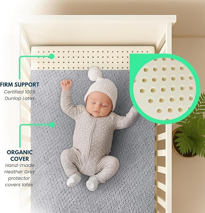 ORGANIC TEXTILES Dual Zone (Firm/Soft) GOLS Certified Latex Mattress Topper for Baby with GOTS Certified Heather Grey Cover - 3" Portable (36"x26")