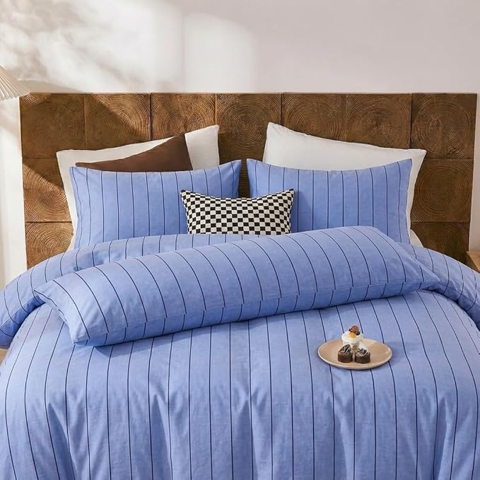 Merryword Standard Size Pillowcases, 100% Cotton Pillow Cases, Denim Blue Striped Pillowcases, Soft Breathable Pinstripe Pillow Covers, Set of 2