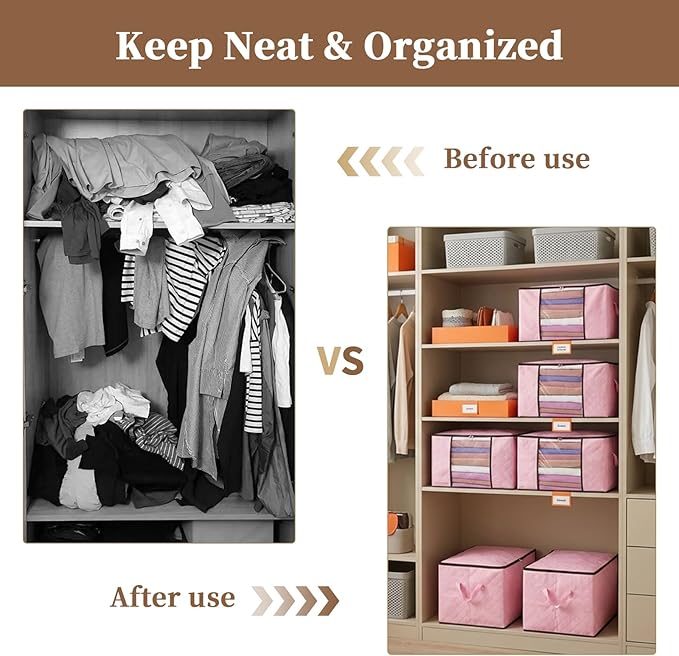 90L Clothes Blanket Storage Bags, 6 Pack Under Bed Storage Bins with Lids, Foldable Closet Organizer with Reinforced Handles for Clothing, Blanket, Comforters, Bed Sheets, Pillows and Toys, Pink