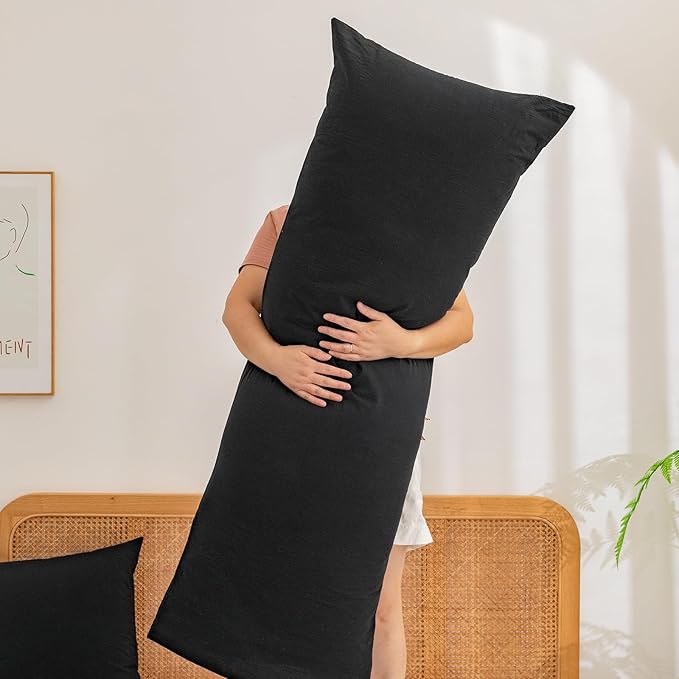 BESTOUCH 100% Washed Cotton Pillowcase for Hair and Skin Linen Feel Soft Comfortable Breathable 1 Pcs Pillow Case with Envelope Closure Solid Deep Dark Black Body 20x54 Inches