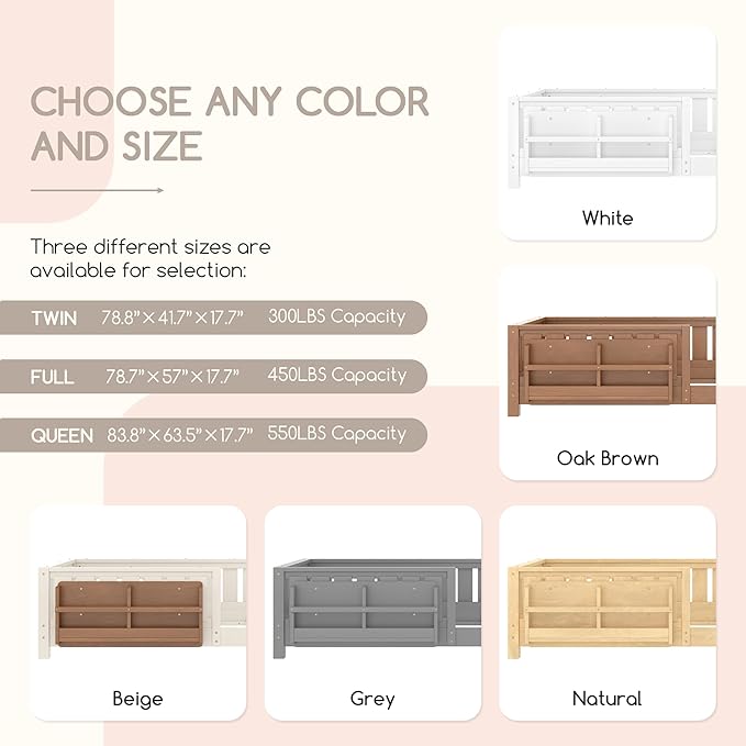Bellemave Queen Floor Bed Frame with Fence & Bookshelf, Solid Pinewood Montessori Floor Bed Frame Queen with Slats Load 550LBS, Low Floor Bed for Kids, Bedroom, Nursery, Easy Assembly, Grey