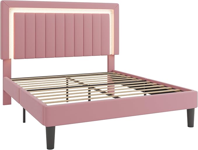 SHA CERLIN Full Size Velvet Bed Frame with LED Light, Adjustable Vertical Channel Tufted Headboard, Strong Wooden Slats Support, Noise-Free, No Box Spring Needed, Pink