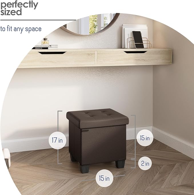 Storage Ottoman Cube with Small Bin, 15-in Square Ottoman with Storage for Living Room and Bedroom, Small Ottomans Foot Rest, Faux Leather Foot Stools Ottomans Max 330lbs, Brown