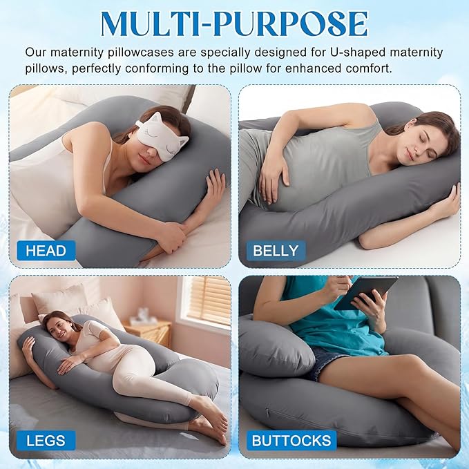 Hahafelt Cooling Pregnancy Pillow Cover (Only Pillowcase) 59 Inch Large J Shaped Full Body Pillowcase Maternity Stretchy Soft Breathable Cool Pillow Cover with Zipper for Side Sleeper (Dark Gray)