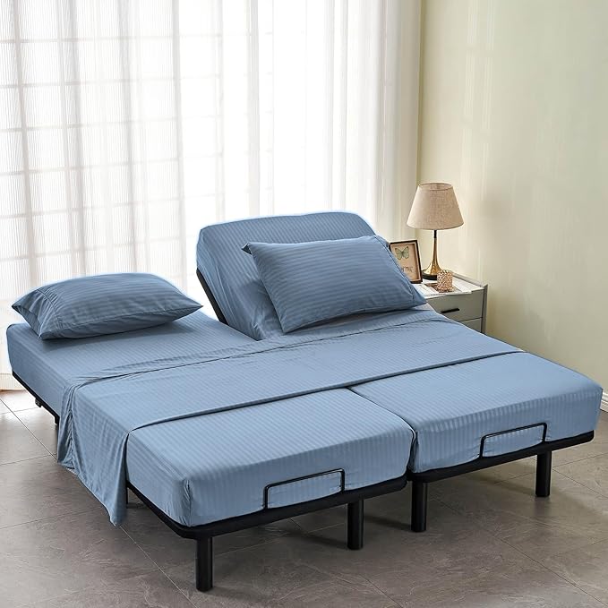Kingnex Striped Split California King Sheets Sets for Adjustable Bed with Deep Pocket 5 Pieces Include 2 Cali Twin XL Fitted Sheets 1 Flat Sheet 2 King Size Pillowcases Blue