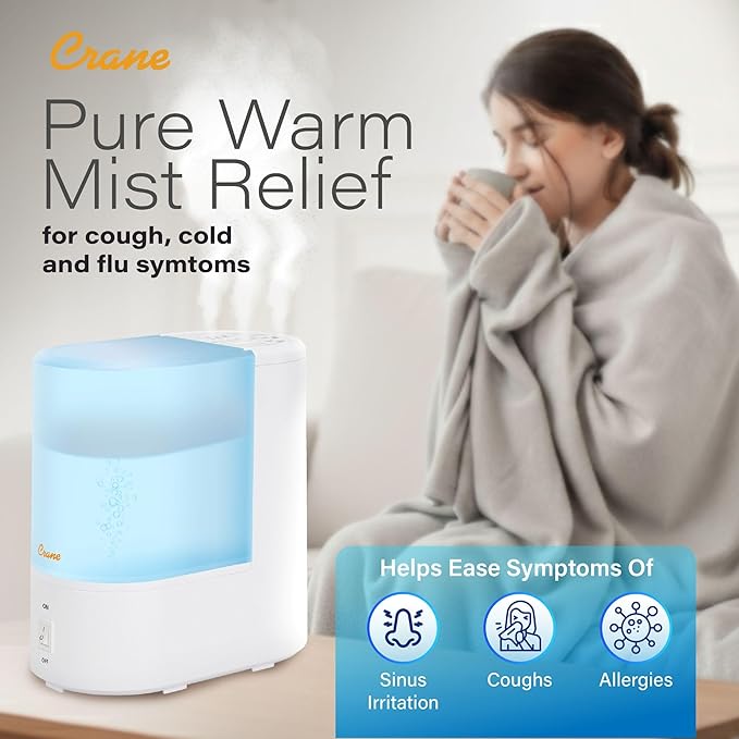 Crane Warm Mist Humidifier, Small Humidifier for Bedroom, Office, Vapor Pad Tray, Soothing Warm Mist Humidifiers For Bedroom, Relief for Dry Air, Quiet Operation, Auto Shut-Off, Desk Humidifiers