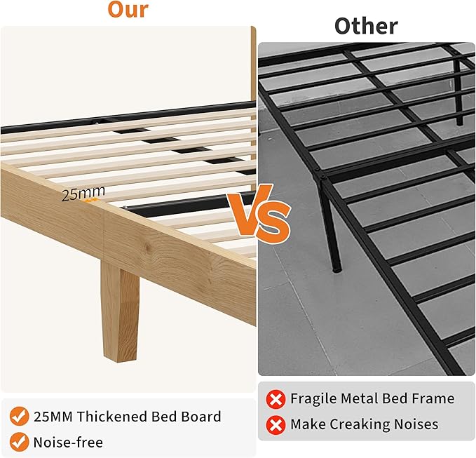 Garvee Queen Size Rattan Bed Frame, Bohemian Queen Rattan Bed Frame with Natural Headboard, Platform Queen Size Bed with Wooden Legs, LED Lights, No Box Spring Needed