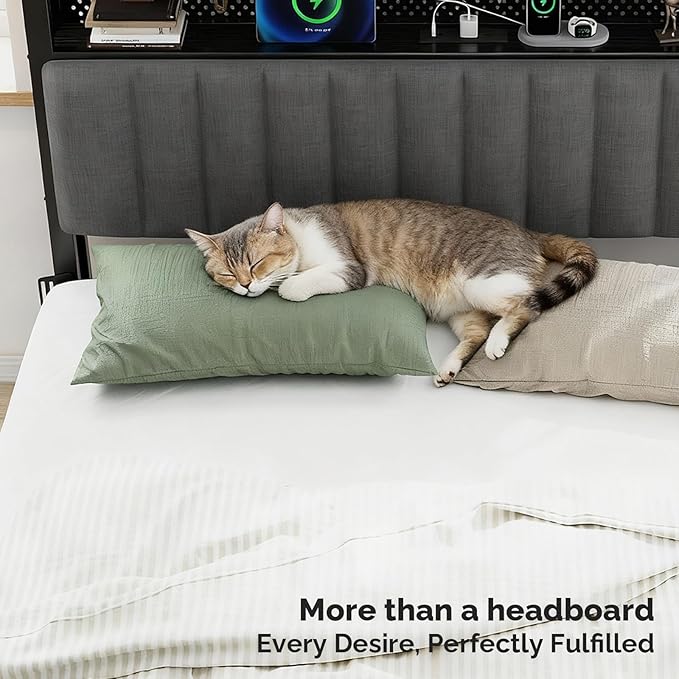 VINGLI King Size LED Headboard with Charging Station and 3 Layer Storage Shelves, Upholstered Modern Headboard with RGB Lights, USB Ports & Power Outlet for Large Master Bedroom,Linen Dark Gray