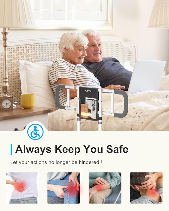 Bed Rails for Elderly Adults Safety - ASTM Compliant, 350 lb Heavy Duty Foldable Bed Assist Rail for Seniors, Adjustable Bed Cane with Non Slip Handle, Light & Pouch, Fits Twin Full Queen King Grey