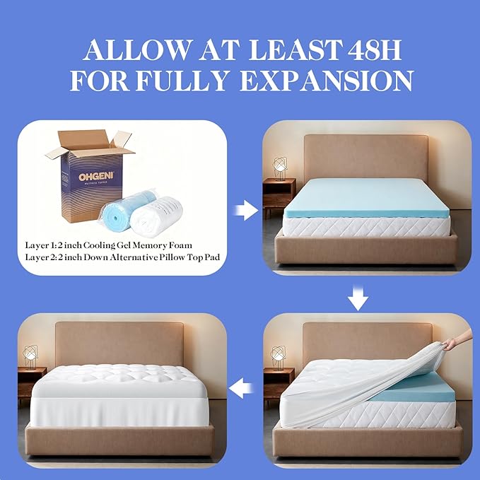 OhGeni Cooling 4 Inch Twin Size Dual Layer Mattress Topper, 2 Inch Gel Memory Foam, 2 Inch Soft Pillow Top Pad, Washable Bedroom Cover for Kids Mattresses, Extra Comfortable Sleep and Back Pain Relief