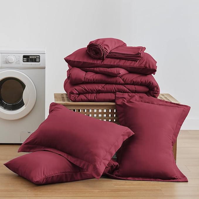 Love's cabin King Size Comforter Set Burgundy, 7 Pieces King Bed in a Bag, All Season Bedding Sets with 1 Comforter, 1 Flat Sheet, 1 Fitted Sheet, 2 Pillowcase and 2 Pillow Sham | Soft, Breathable, Lightweight, Comfortable