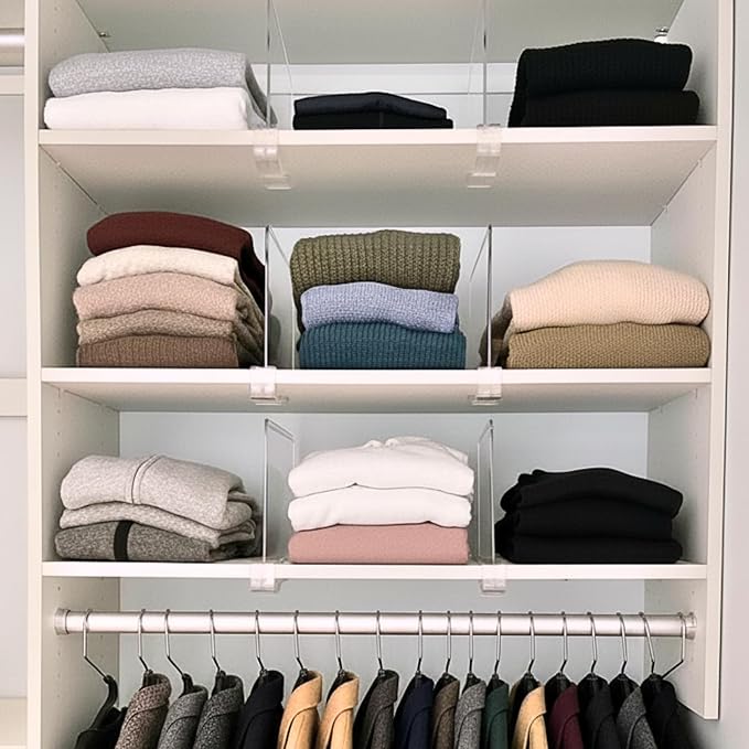 SortNStore Shelf Dividers Purse Organizer for Closet: 11-inch Tall(Extra Tall) Acrylic Sweater Organizer - Upgraded Extra Height for Large Handbags, Totes, Clothes, Towels on Wood Shelves 10-Pack
