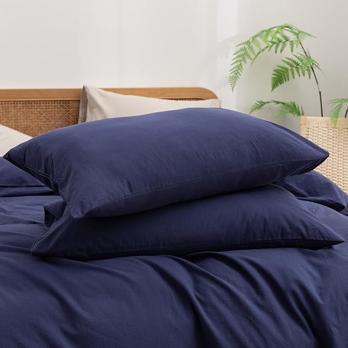 BESTOUCH Duvet Cover Set 100% Washed Cotton Linen Feel Super Soft Comfortable Chic Lightweight 3 PCs Home Bedding Set Solid Navy Blue Alaska King