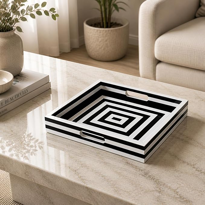 Handicrafts Home 12x12 Decorative Tray for Coffee Table, Centerpiece & Vanity, Black and White Resin Inlay Concentric Pattern Inspired Tray, Square Ottoman Tray for Home Decor, Perfume Organizer