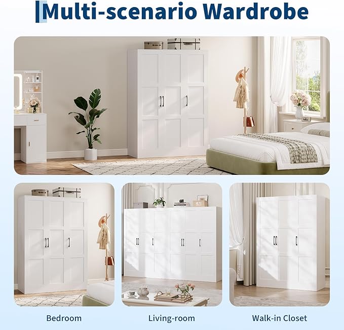 Garvee 3 Doors Wooden Wardrobe Closet, Morden Wardrobe Armoire with Doors and Shelves, Standing Closet Cabinet for Hanging Clothes, Large Capacity Storage Cabinet for Bedroom, White