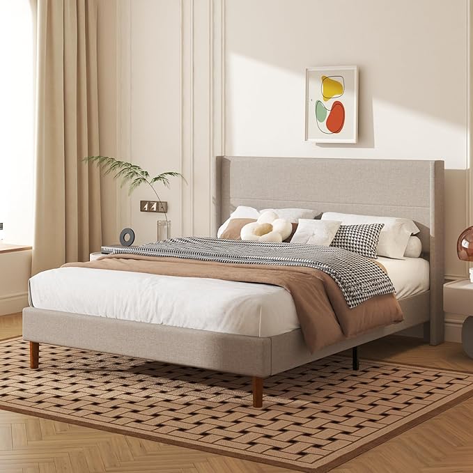 Queen Size Bed Frame, Linen Upholstered Platform with Wingback Headboard, Wooden Slats Support, No Box Spring Needed, Easy Assembly, Beige