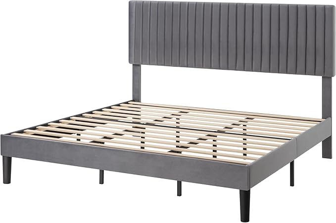 SHA CERLIN King Upholstered Platform Bed Frame with Vertical Channel Tufted Velvet Fabric Adjustable Headboard, Wooden Slats Support, Mattress Foundation, Box Spring Optional, Grey