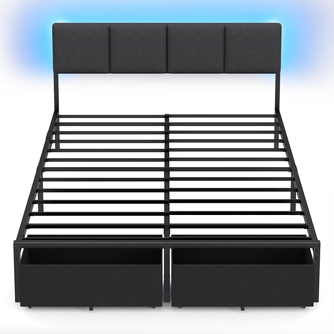 Furnulem Queen Bed Frame with Adjustable Headboard, Upholstered Bed with 2 Storage Drawers, Built-in USB Charging Station & LED Lights, Platform Bedframe with Metal Slats, No Spring Box Needed, Grey