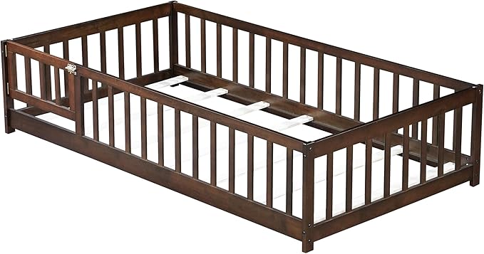 Bellemave Twin Floor Bed Frame with Slats and Safety Guardrail, Wood Twin Size Montessori Floor Bed with Door and Fence, Easy Assemble Montessori Beds for Kids, Girls, Boys, Espresso
