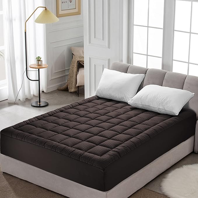 HYLEORY Full XL Mattress Pad Quilted Fitted Mattress Protector Cooling Pillow Top Mattress Cover Breathable Fluffy Soft Mattress Topper with 8-21" Deep Pocket, Brown