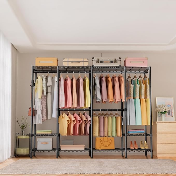 Golpart Heavy Duty Garment Rack Clothes Rack,Large Metal Closet Organizer System Storage Wardrobe,Freestanding Clothing Rack with Adjustable Wire Shelves& Hang Rods,MaxLoad 1000lbs