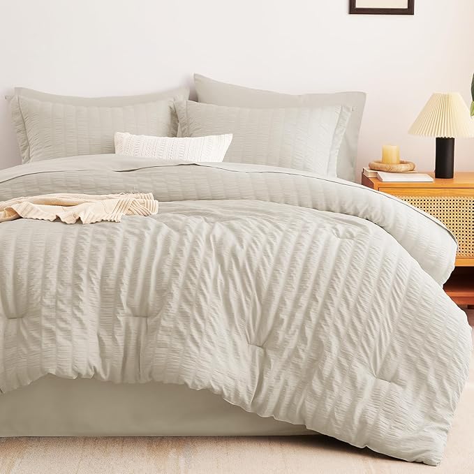 CozyLux Full Size Comforter Sets with Sheets 7 Pieces, Oatmeal Seersucker Bed in a Bag Textured Luxury Soft Bedding Sets with Down Alternative Comforter, Sheets, Pillowcases & Shams for All Season