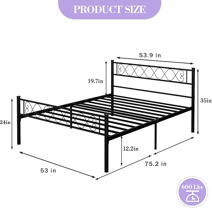 GarveeHome Full Size Metal Bed Frame with Headboard & Footboard 13.7 Inch Metal Platform Mattress Foundation Support with Strong Metal Slats, Under Bed Storage, No Box Spring Needed