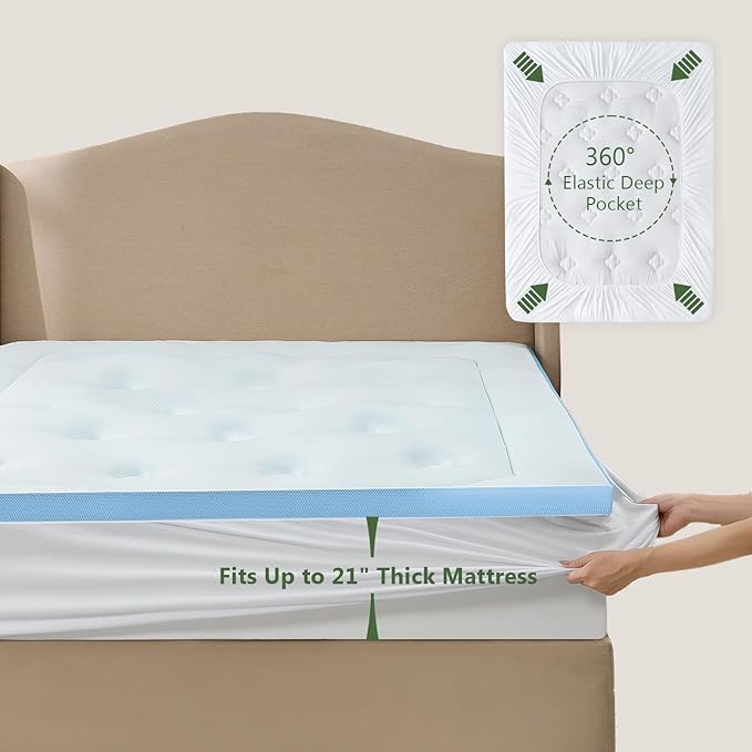 Hansleep Memory Foam Mattress Pad Topper Queen, Queen Foam Mattress Topper Viscose Derived from Bamboo, Queen Size Bed Mattress Pad Cover for Back Pain Relief, 60" x80", 60" x80", White