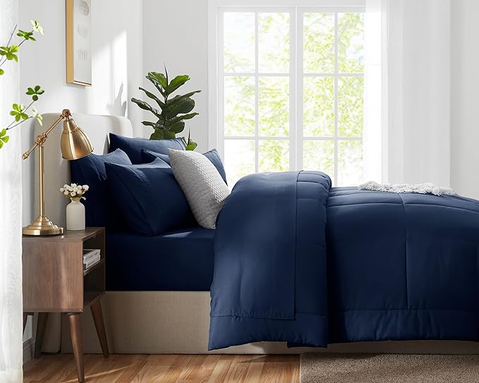 CozyLux Twin XL Comforter Set Navy Blue, 5 Pieces Twin Extra Long Bed in a Bag for College Dorm, All Season Bedding Set with Stitch Quilted Comforter, Flat Sheet, Fitted Sheet, Pillowcases