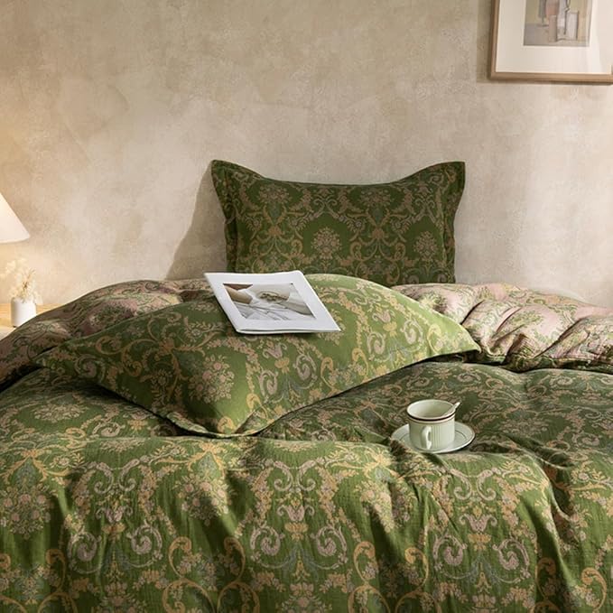 VM VOUGEMARKET Olive Green Duvet Cover Set King,Reversible Medallion Flower Print Bedding Set Linen Cotton Yarn-Dyed Textured Bohemian Duvet Cover with Zipper Closure-104 x90