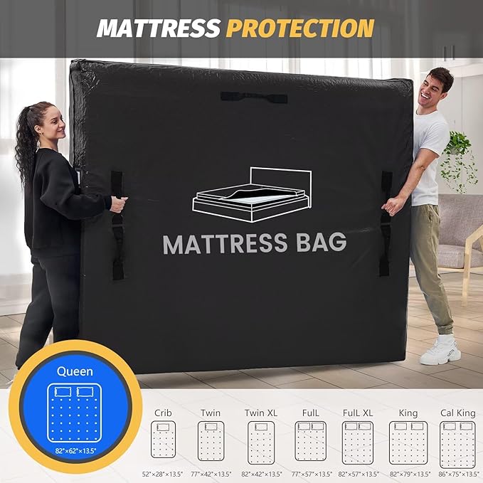 Mattress Bags for Moving and Storage, BETU Queen Mattress Protector Waterproof Mattress Cover with 8 Heavy Duty Handles and Zipper Extra Thick Moving Supplies for Bed (2 Pack:82x62x13.5 Black)