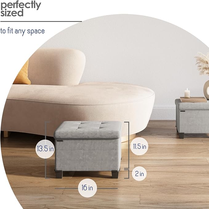 Storage Ottoman Cube with Small Bin, 16-in Square Ottoman with Storage for Living Room and Bedroom, Small Ottomans Foot Rest, Velvet Foot Stools Ottomans Max 330lbs, Light Grey